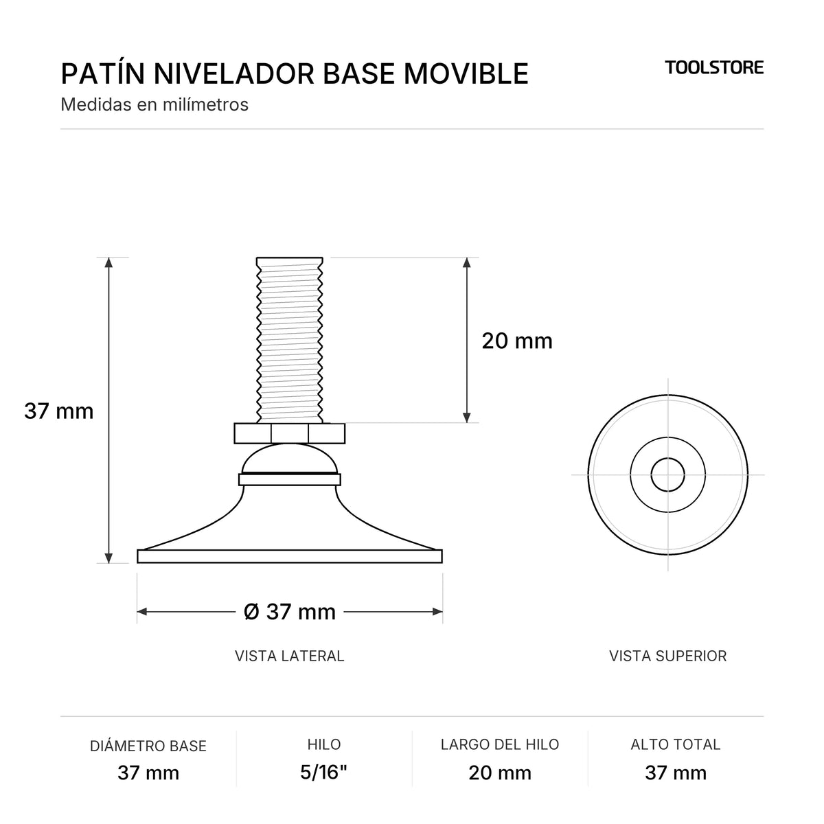 Patín Nivelador Base Movible 37 mm Hilo 5/16" x 20 mm Cromado/Negro - medidas