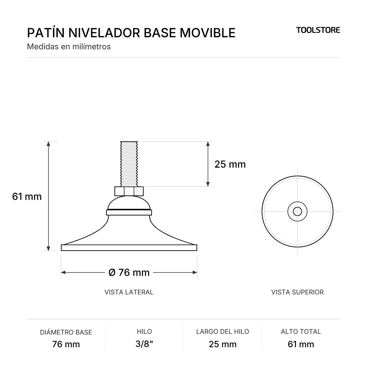 Patín Nivelador Base Movible 76 mm Hilo 3/8" x 25 mm Negro - medidas