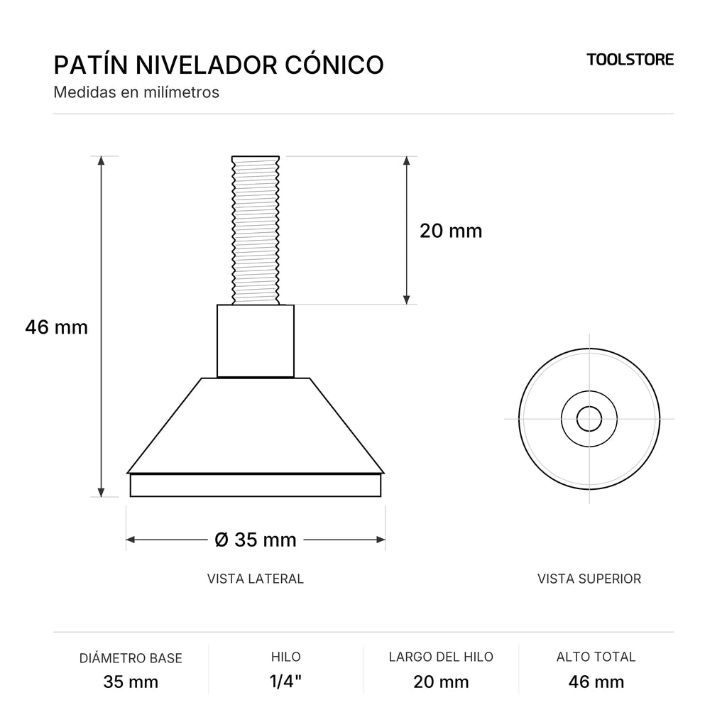 Patín Nivelador Cónico 35 mm Hilo 1/4" x 20 mm Satinado - medidas