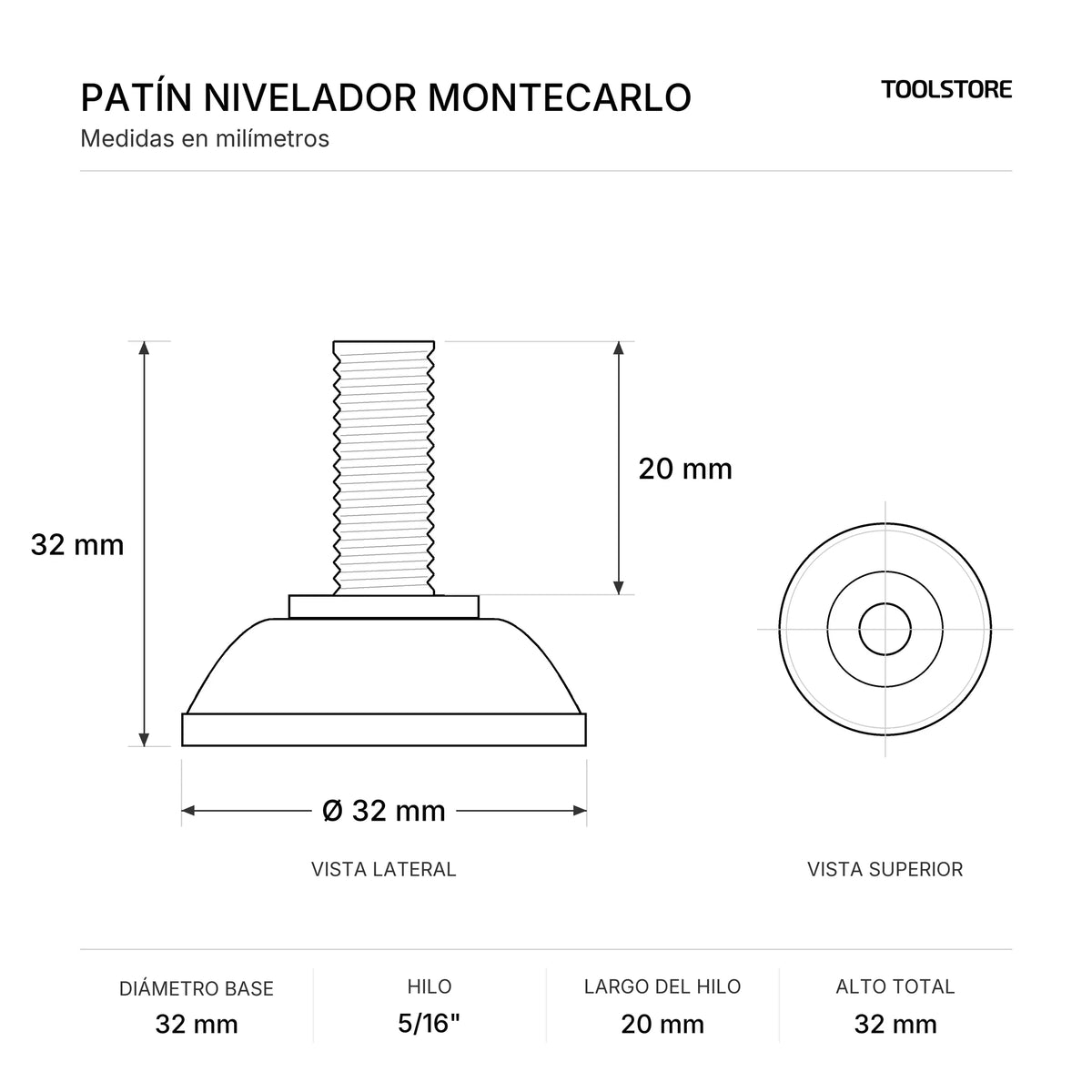 Patín Nivelador Montecarlo 32 mm Hilo 5/16" x 20 mm Negro - medidas