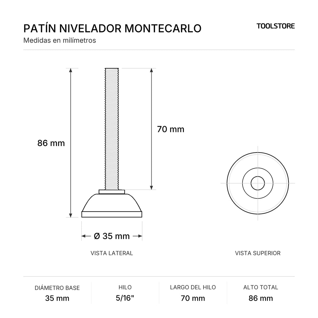 Patín Nivelador Montecarlo 35 mm Hilo 5/16" x 70 mm Negro - medidas