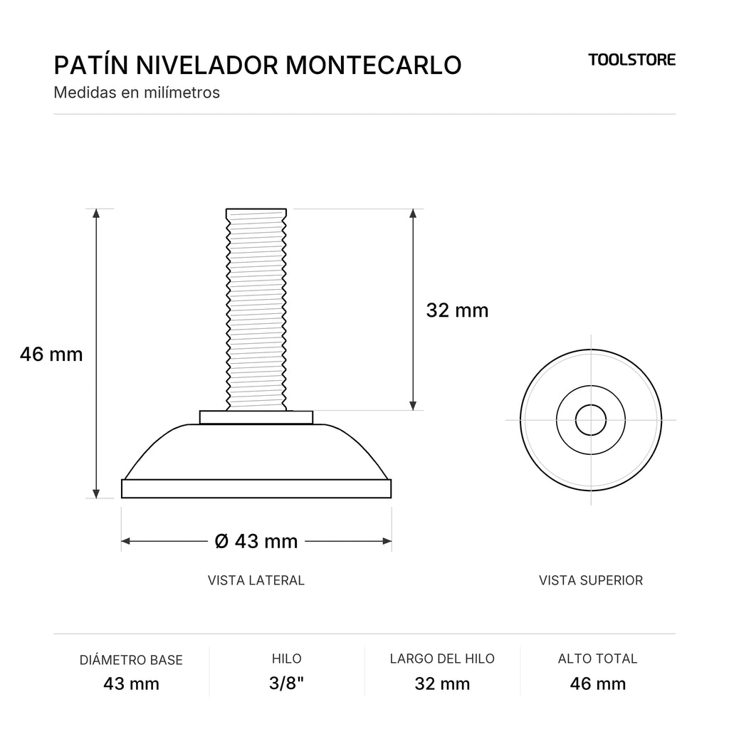 Patín Nivelador Montecarlo 43 mm Hilo 3/8" x 32 mm - medidas