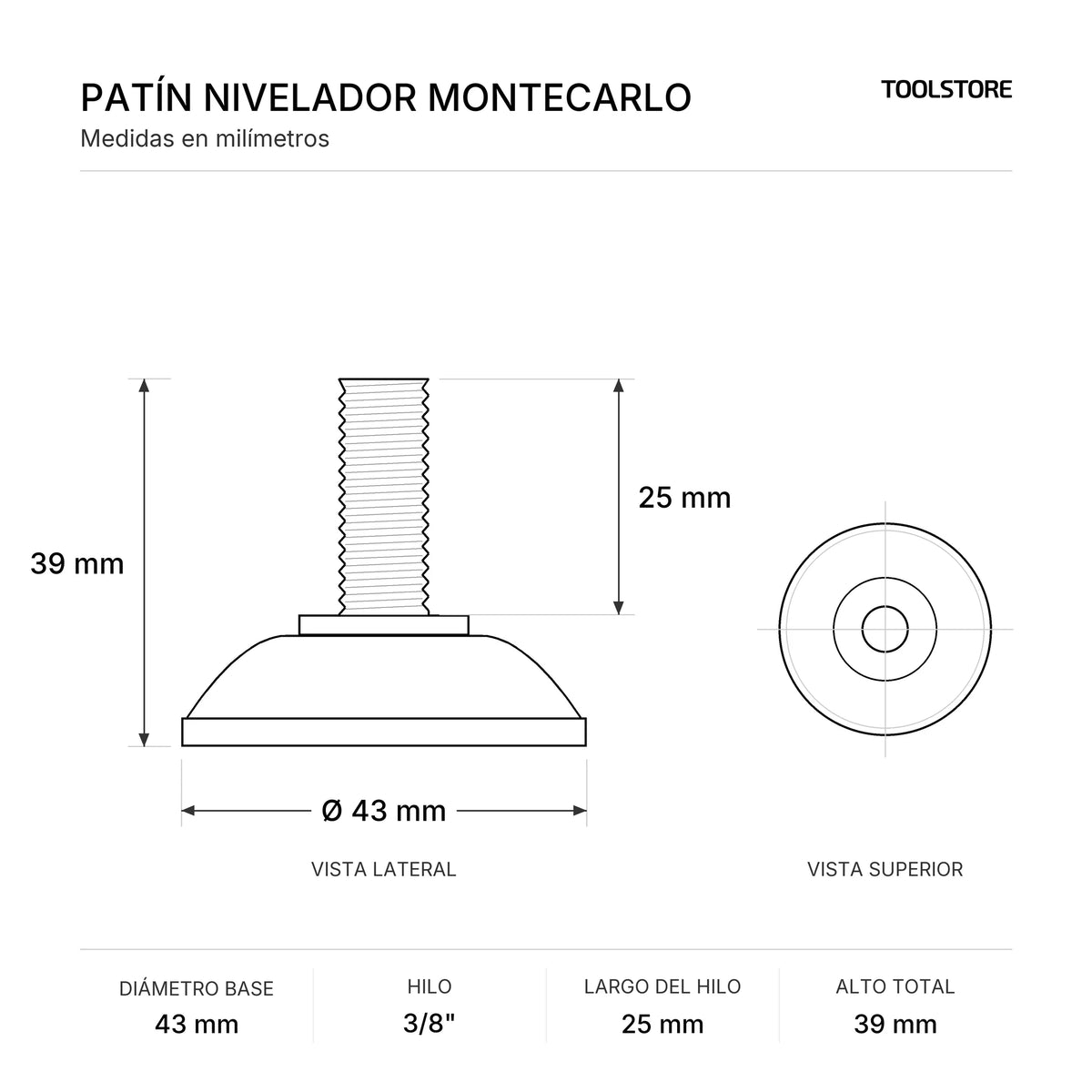 Patín Nivelador Montecarlo 43 mm Hilo 3/8" x 25 mm Negro - medidas