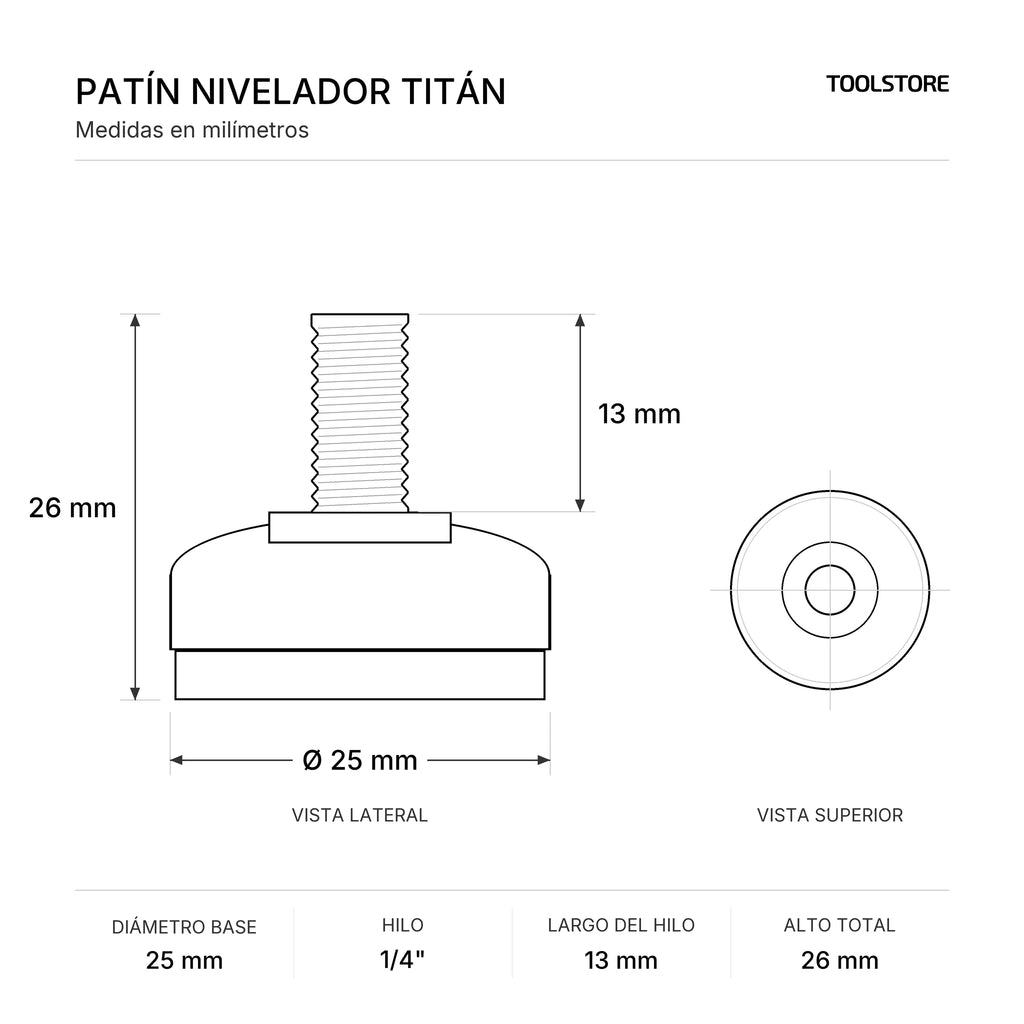 Patín Nivelador Titán 25 mm Hilo 1/4" x 13 mm Negro - medidas