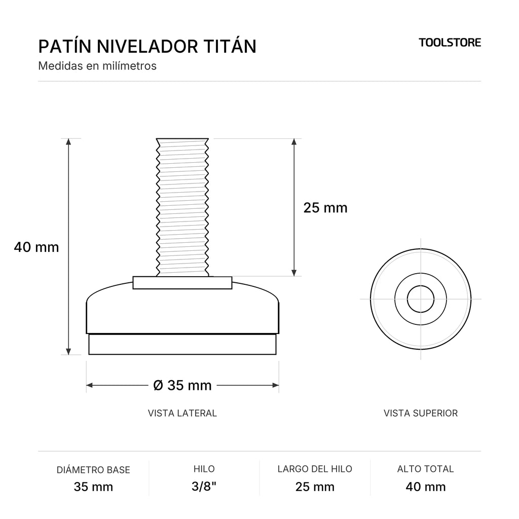 Patín Nivelador Titán 35 mm Hilo 3/8" x 25 mm - medidas