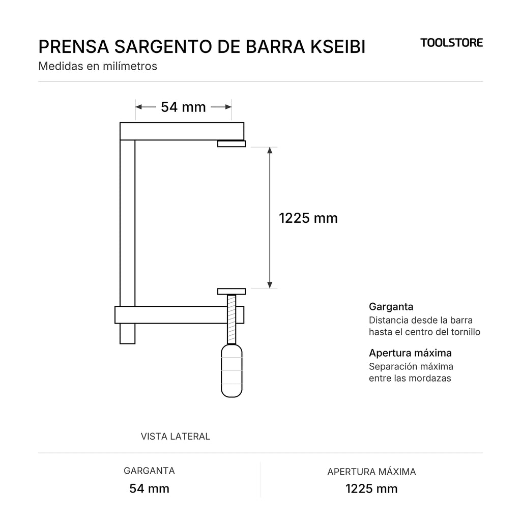Diagrama de medidas: Sargento de barra 1225 mm, garganta y apertura máxima