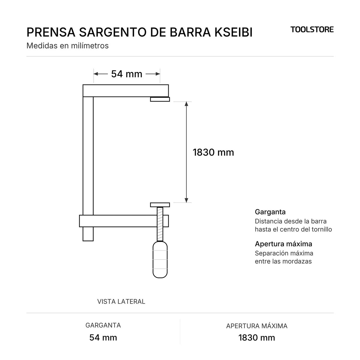 Diagrama de medidas: Sargento de barra 1830 mm, garganta y apertura máxima