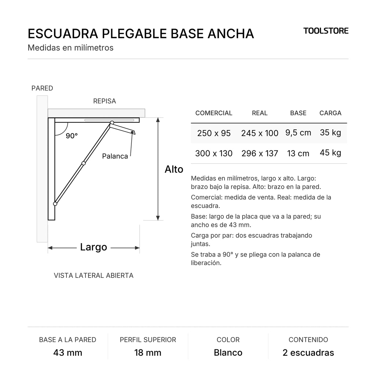 Diagrama de medidas: Set 2 Escuadras Abatibles Plegables Blancas Base Ancha