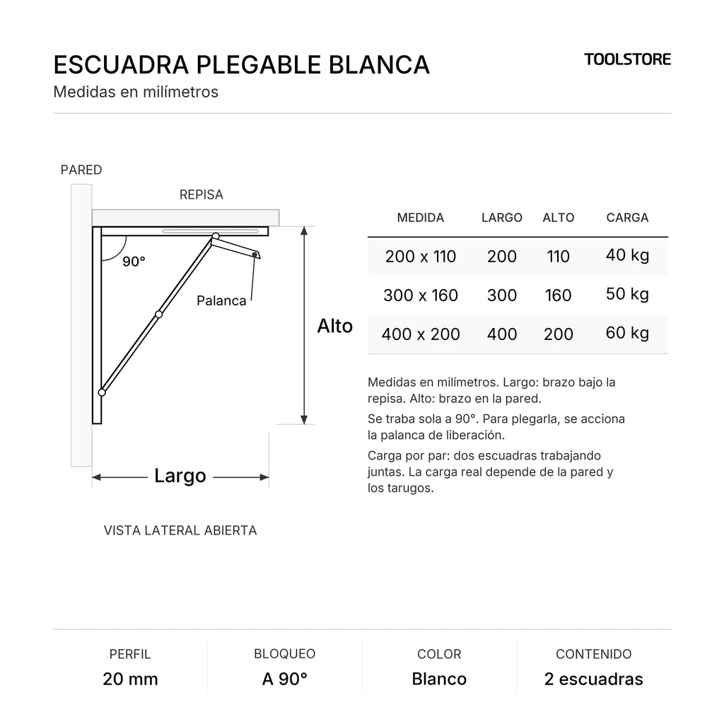 Diagrama de medidas: Set 2 Escuadras Soportes Abatibles Plegables Blancas