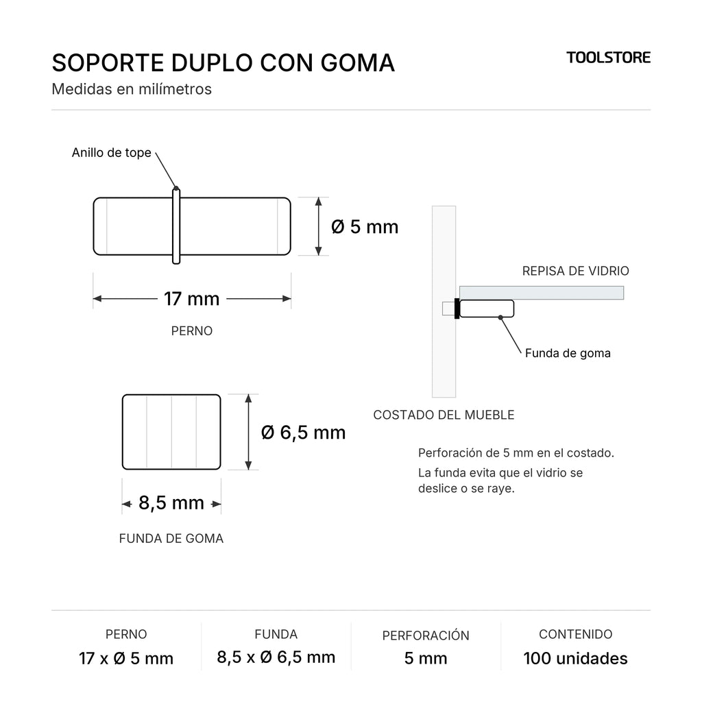 Diagrama de medidas: Soporte Duplo con Goma para Repisa de Vidrio 100 Unidades