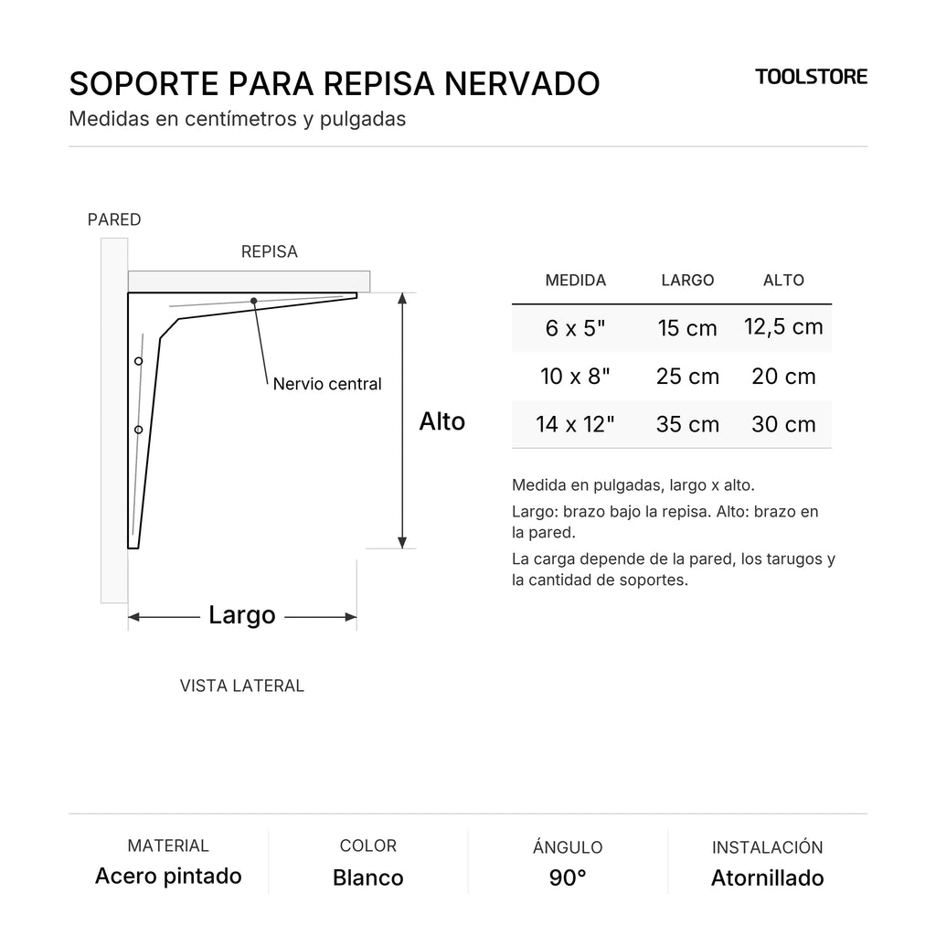 Diagrama de medidas: Soporte para Repisa Nervado Blanco