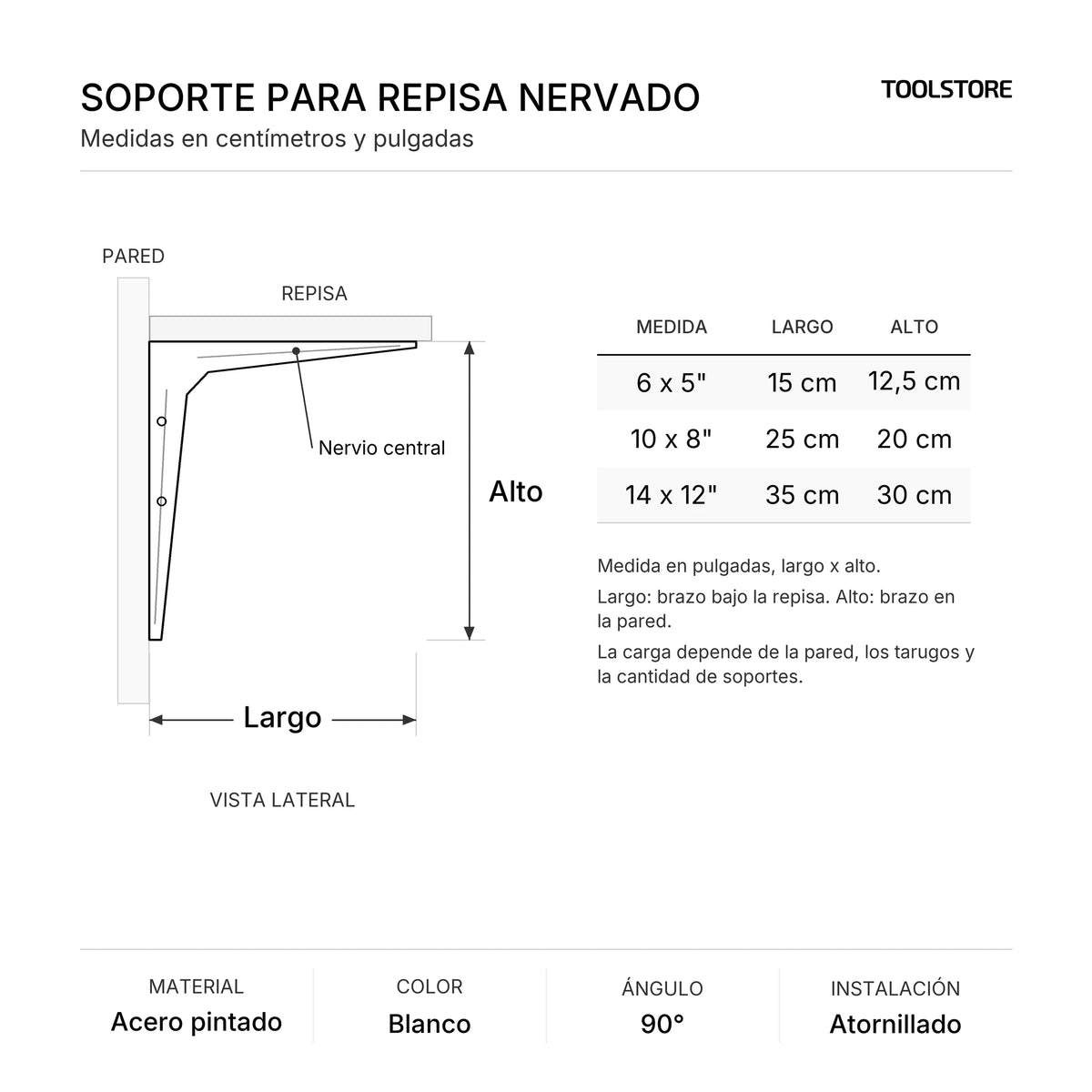 Diagrama de medidas: Soporte para Repisa Nervado Blanco