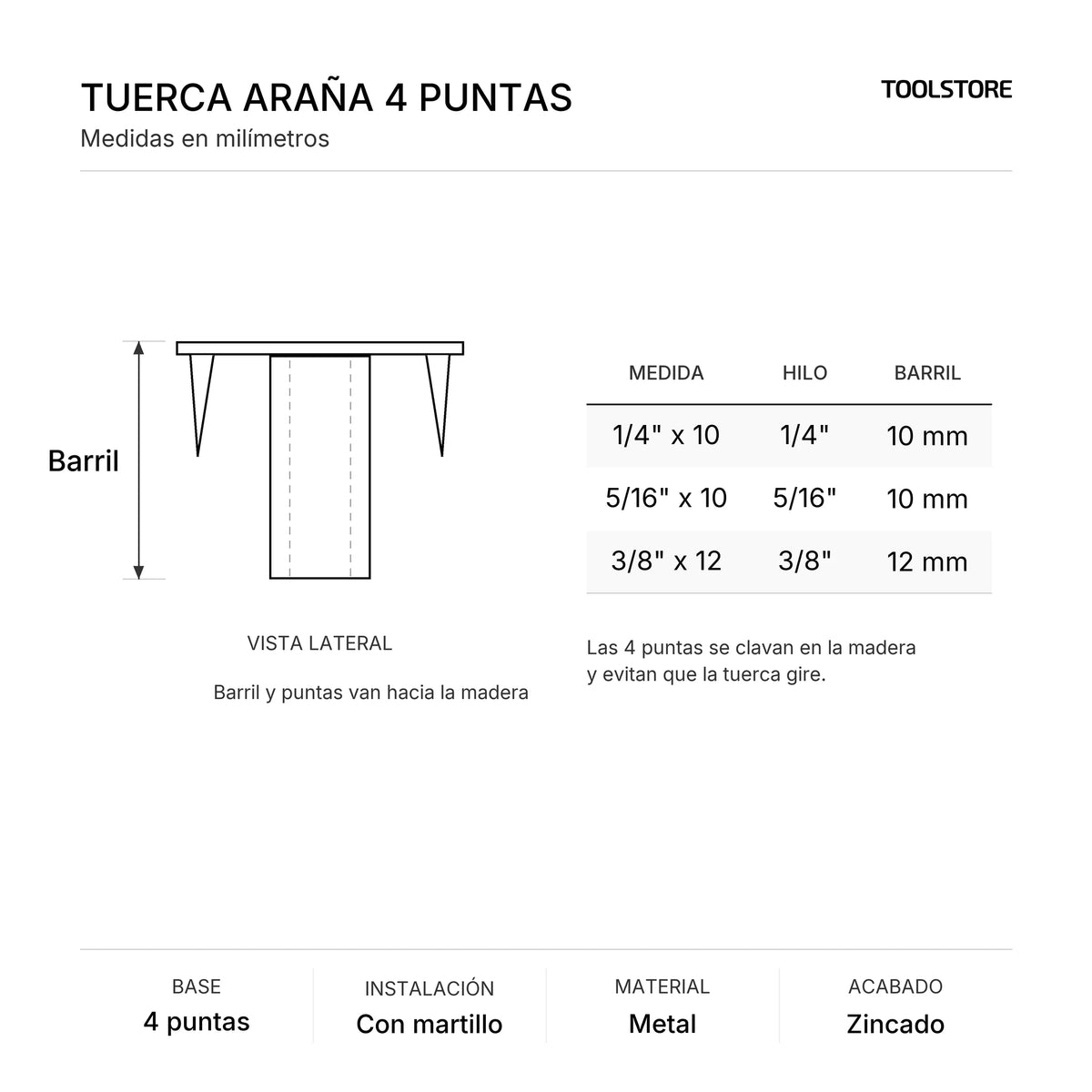 Diagrama de medidas de la tuerca araña de 4 puntas