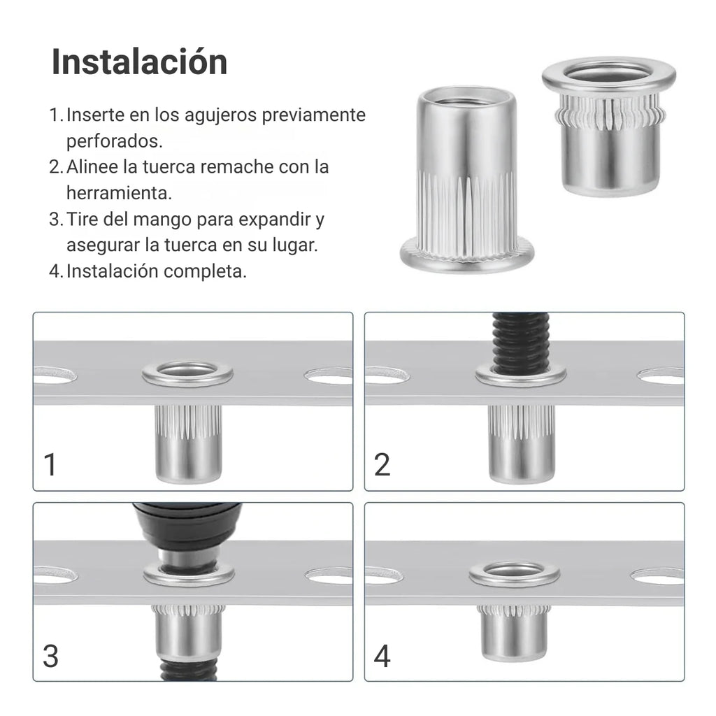 Pasos de instalación de tuerca remache