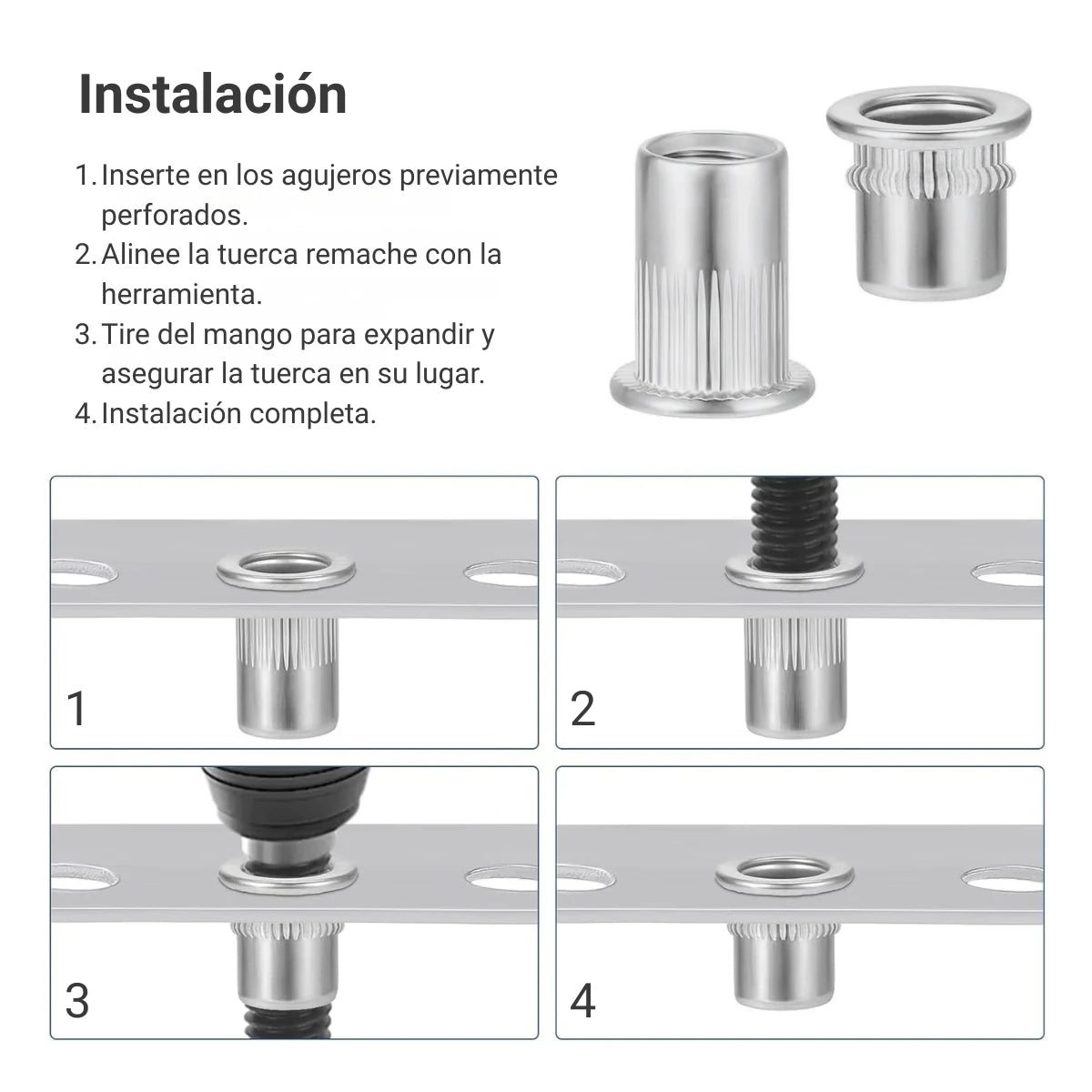 Pasos de instalación de tuerca remache