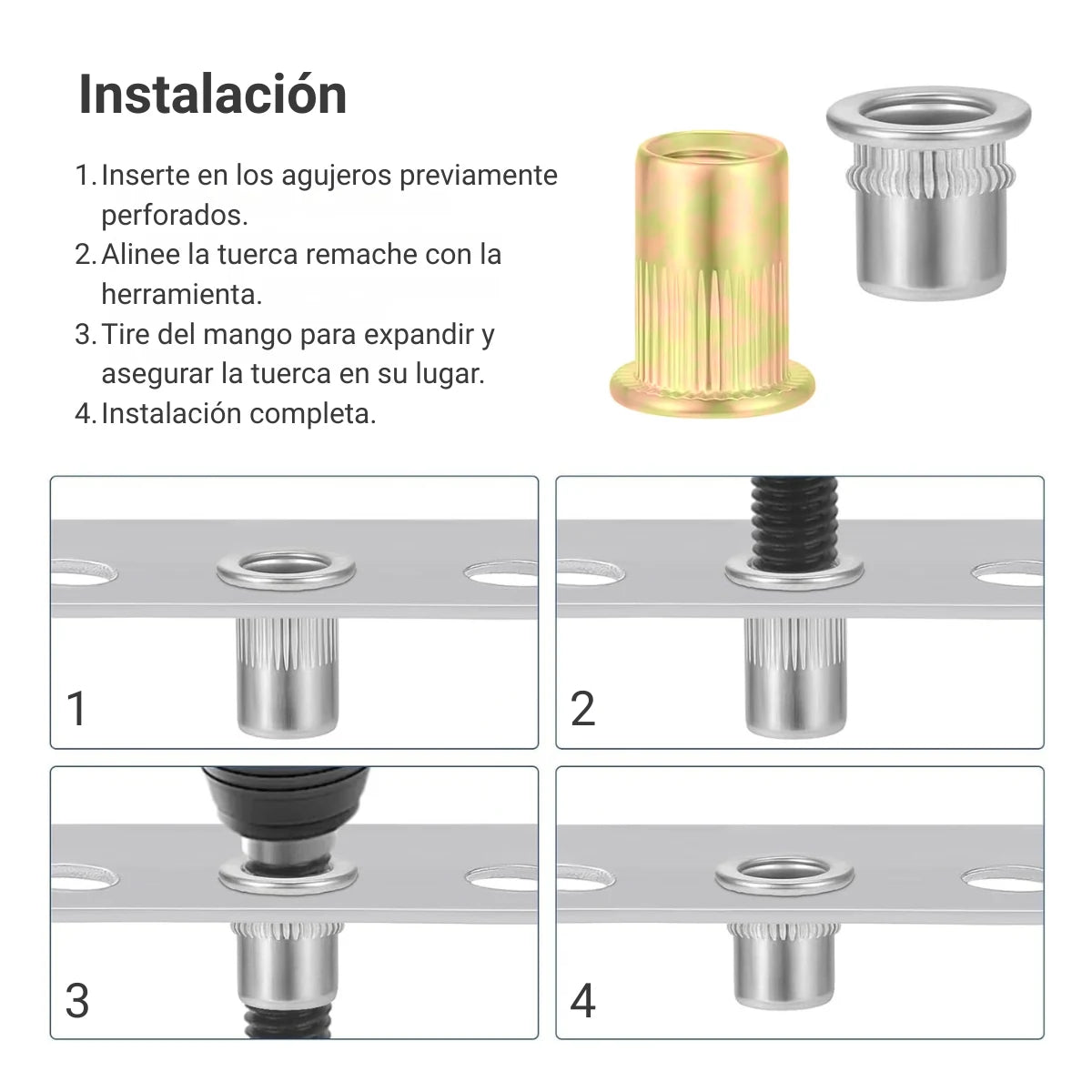 Pasos de instalación de la tuerca remache, acabados zincado amarillo y plateado